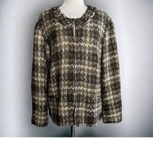 Chico's Tweed Plaid Boucle Blazer Jacket Embellished Beaded Metallic Women's XL